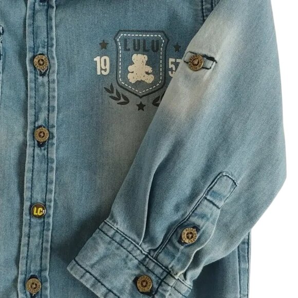 Lulu Castagnette Chambray Teddy Bear Button-Down Shirt 18 months - Picture 6 of 11